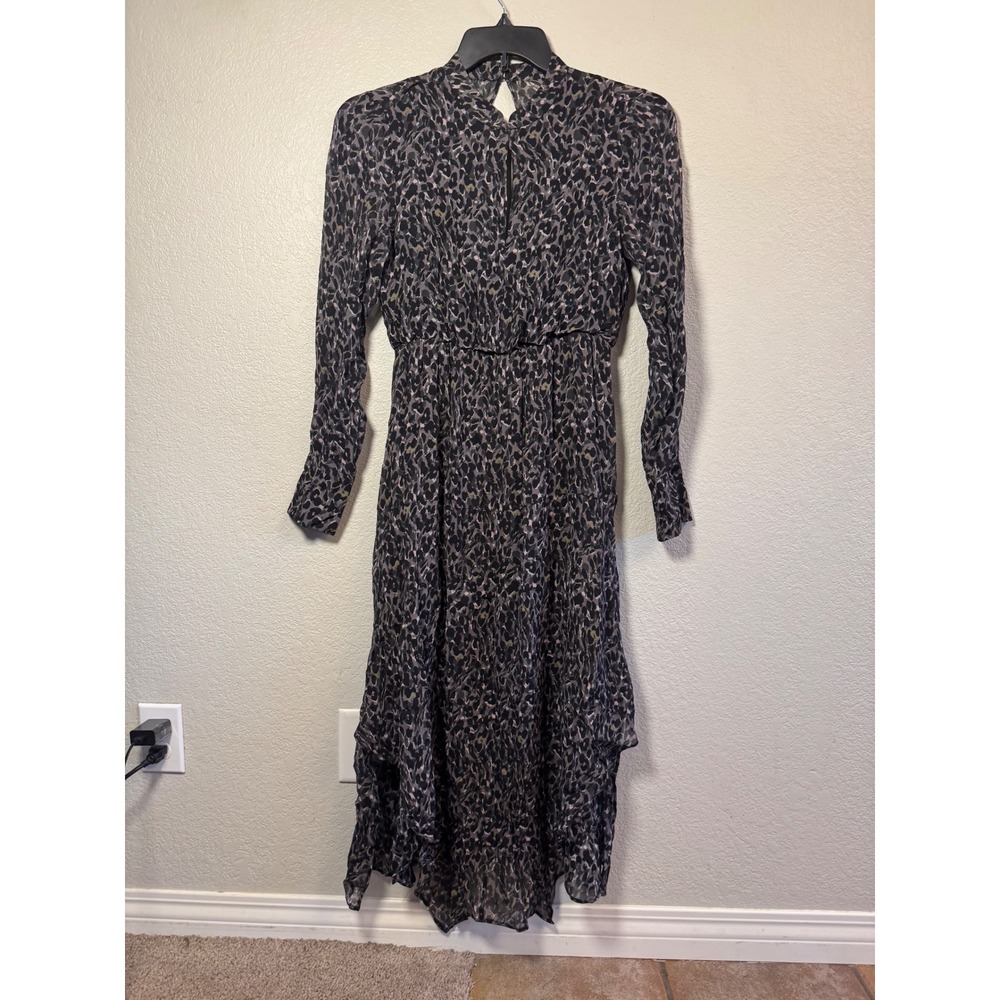 AllSaints Leopard Print Mock Neck Midi Dress Grey Black Small
